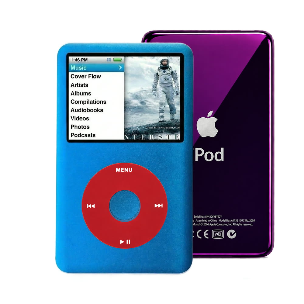 Blue refurbished iPod Classic 7th Gen with Red click wheel and Purple back plate