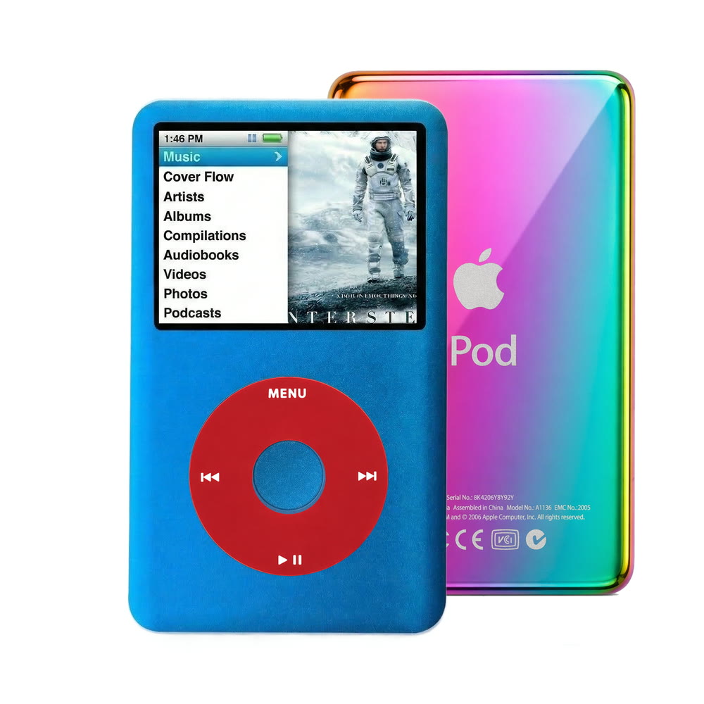 Blue refurbished iPod Classic 7th Gen with Red click wheel and Rainbow back plate