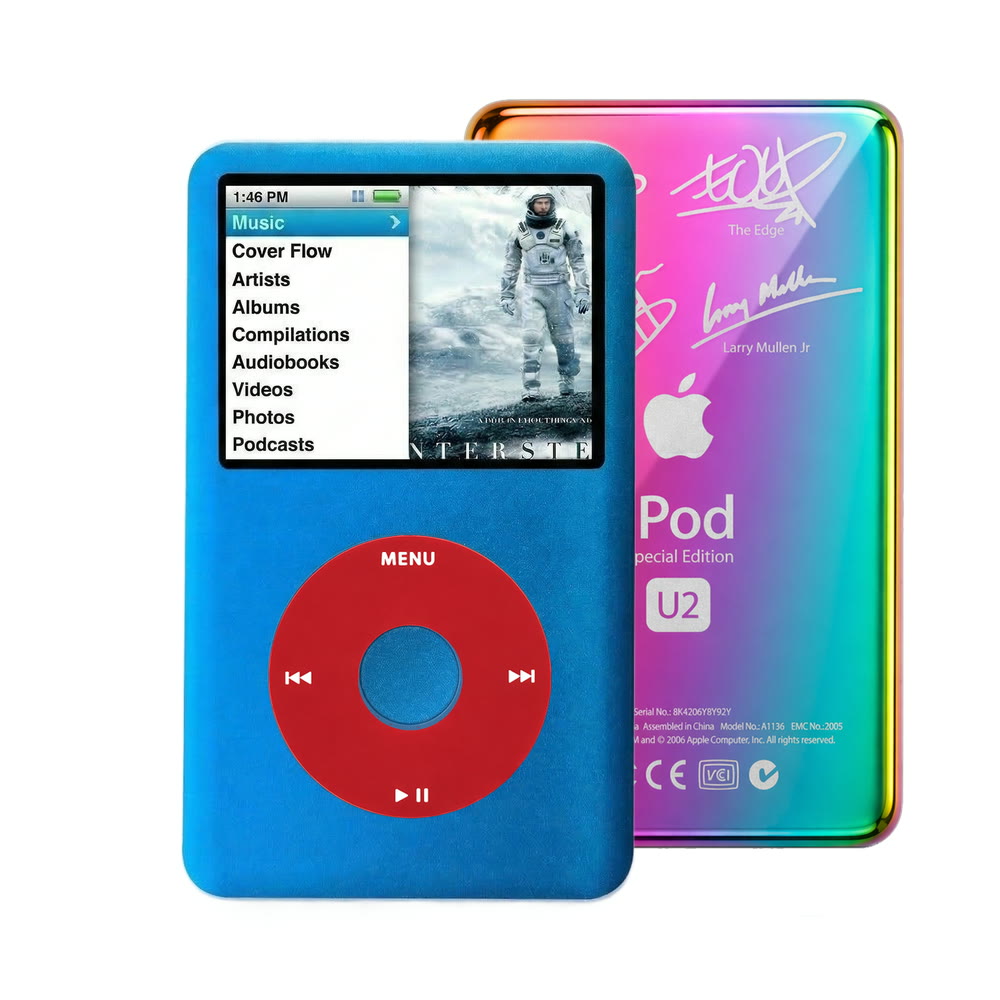Blue refurbished iPod Classic 7th Gen with Red click wheel and Rainbow U2 back plate