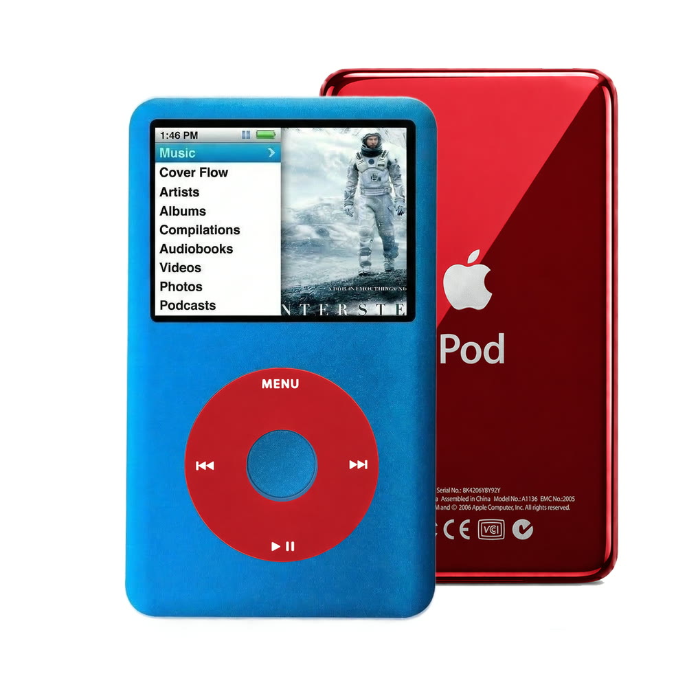 Blue refurbished iPod Classic 7th Gen with Red click wheel and Red back plate