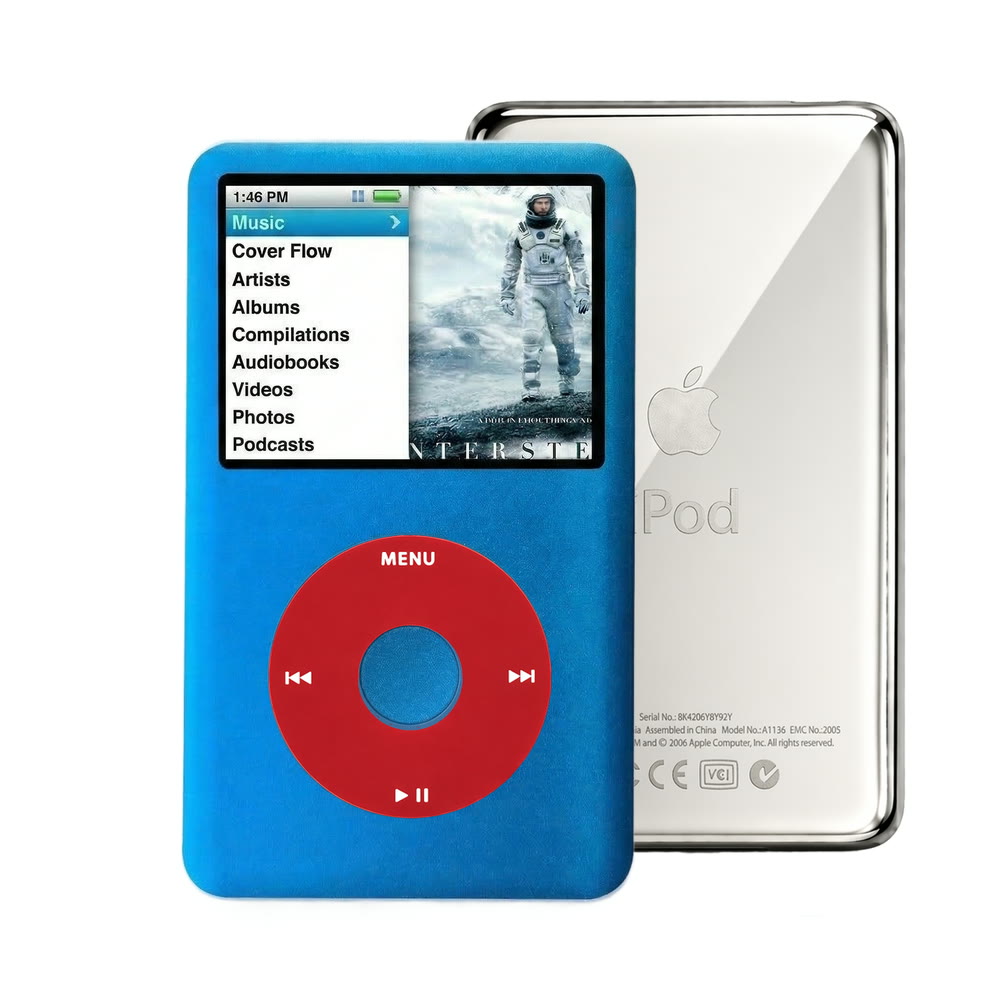 Blue refurbished iPod Classic 7th Gen with Red click wheel and Silver back plate