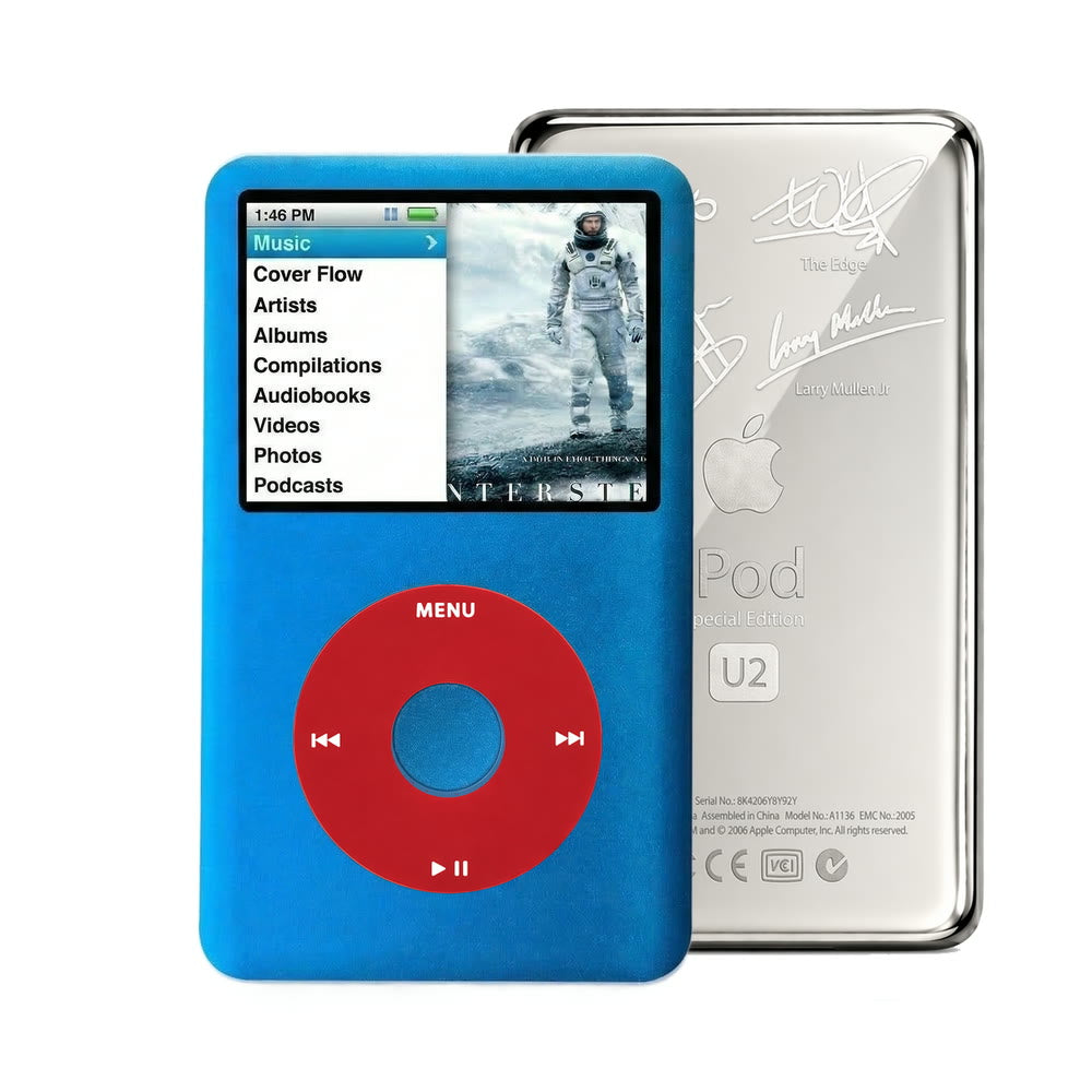 Blue refurbished iPod Classic 7th Gen with Red click wheel and Silver U2 back plate
