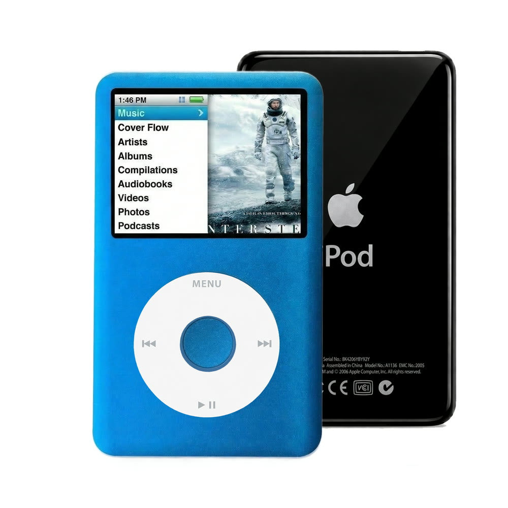 Blue refurbished iPod Classic 7th Gen with White click wheel and Black back plate