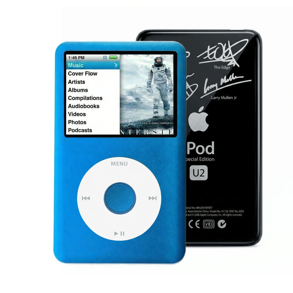Blue refurbished iPod Classic 7th Gen with White click wheel and Black U2 back plate