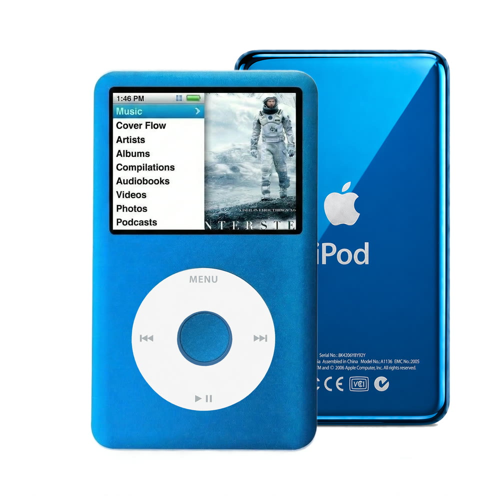Blue refurbished iPod Classic 7th Gen with White click wheel and Blue back plate