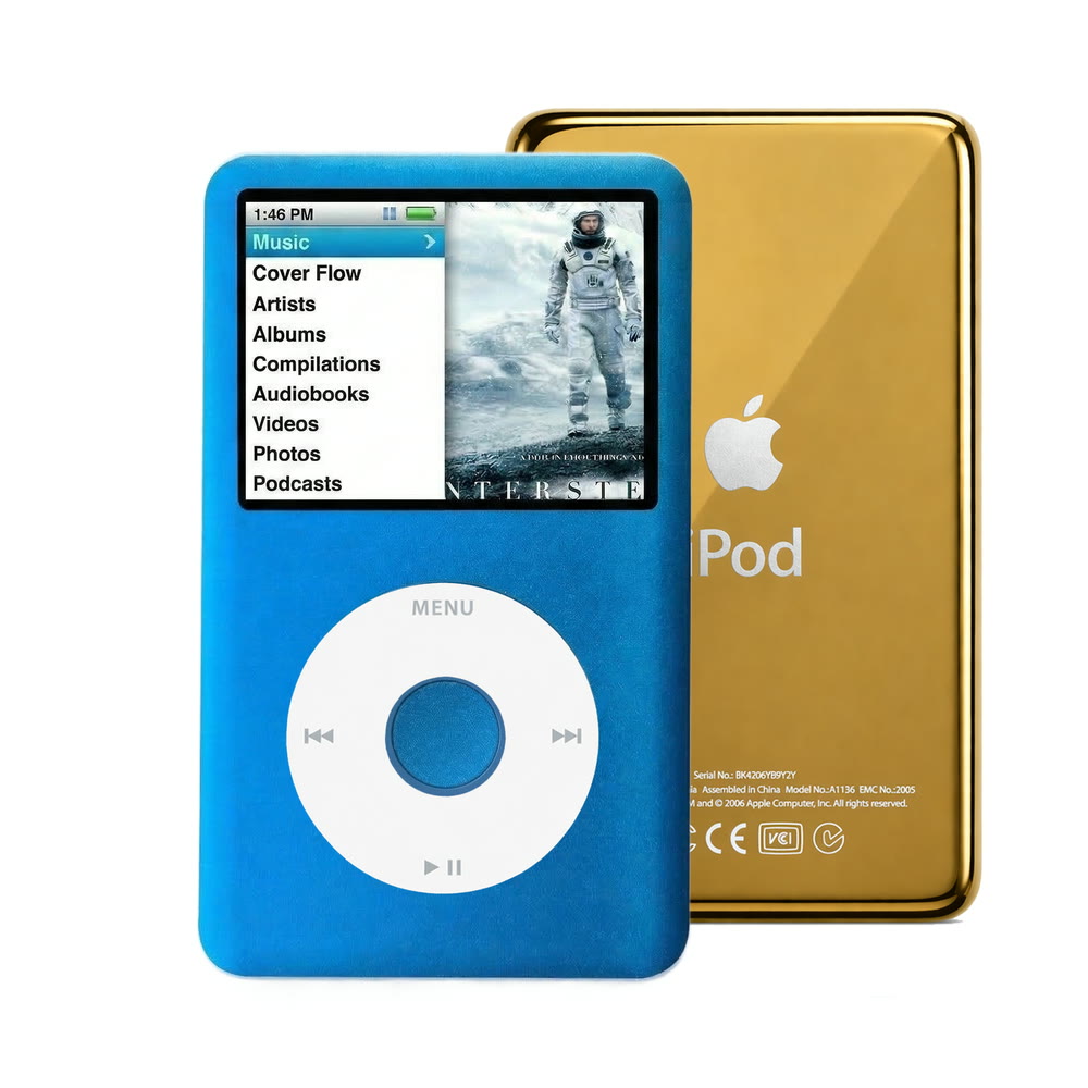 Blue refurbished iPod Classic 7th Gen with White click wheel and Gold back plate