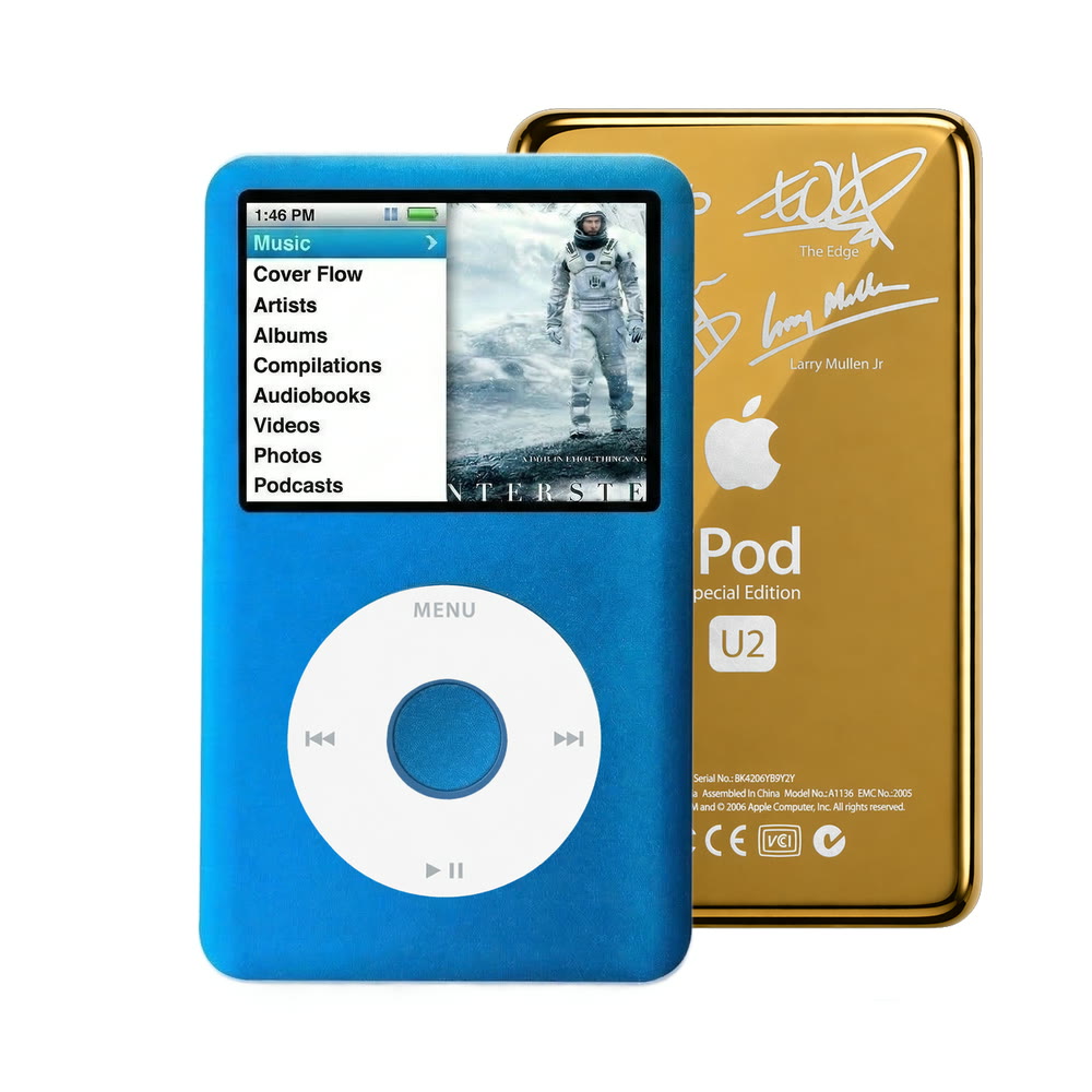 Blue refurbished iPod Classic 7th Gen with White click wheel and Gold U2 back plate