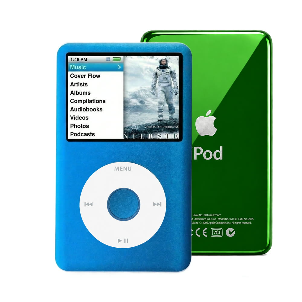 Blue refurbished iPod Classic 7th Gen with White click wheel and Green back plate