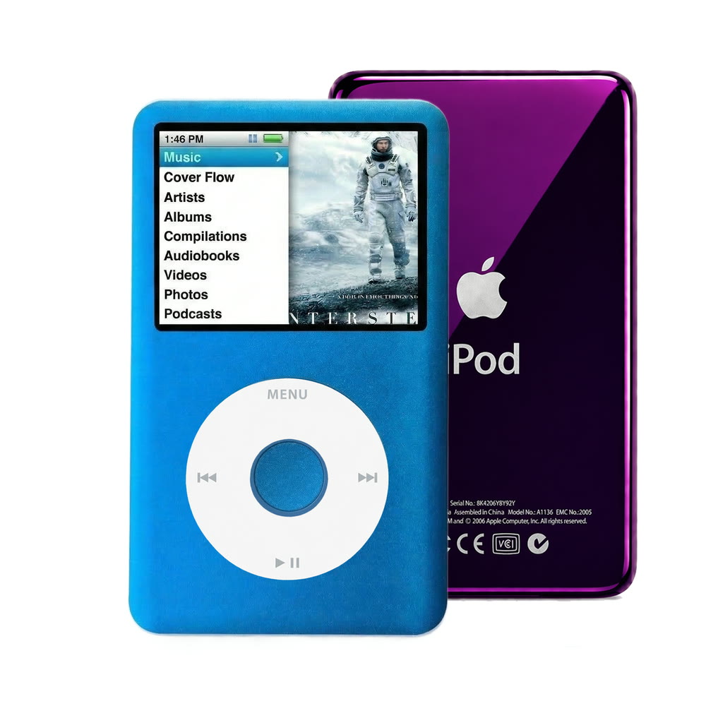 Blue refurbished iPod Classic 7th Gen with White click wheel and Purple back plate