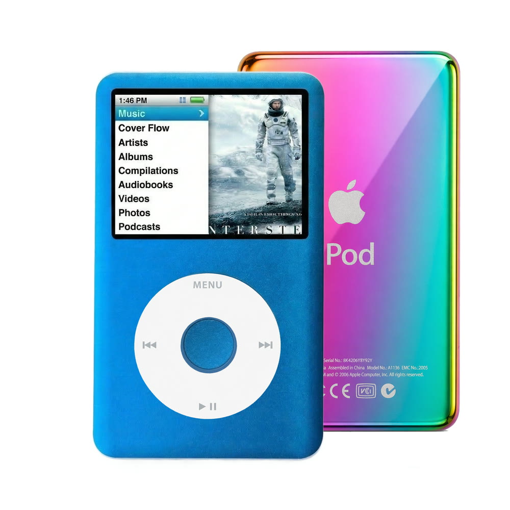 Blue refurbished iPod Classic 7th Gen with White click wheel and Rainbow back plate