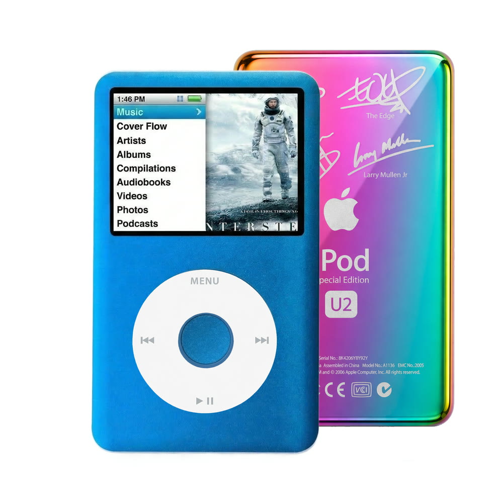 Blue refurbished iPod Classic 7th Gen with White click wheel and Rainbow U2 back plate