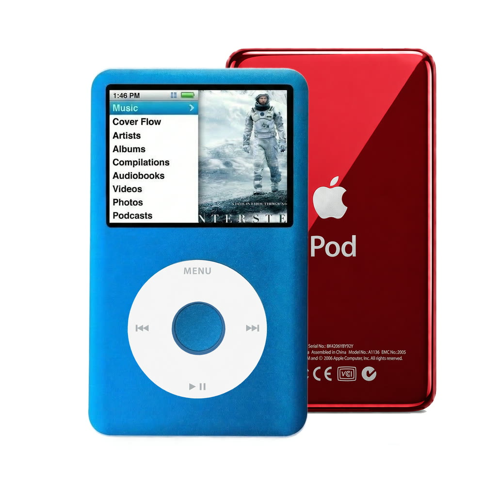 Blue refurbished iPod Classic 7th Gen with White click wheel and Red back plate