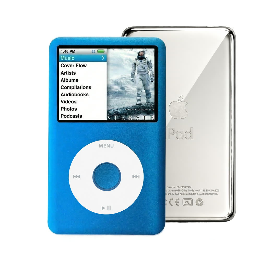Blue refurbished iPod Classic 7th Gen with White click wheel and Silver back plate