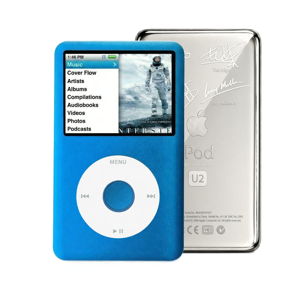 Blue refurbished iPod Classic 7th Gen with White click wheel and Silver U2 back plate