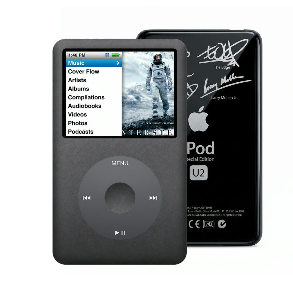 Dark Gray refurbished iPod Classic 7th Gen with Black click wheel and Black U2 back plate