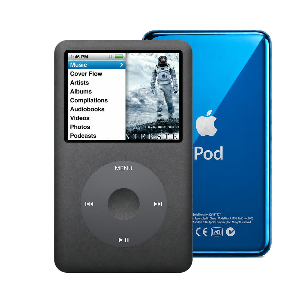 Dark Gray refurbished iPod Classic 7th Gen with Black click wheel and Blue back plate