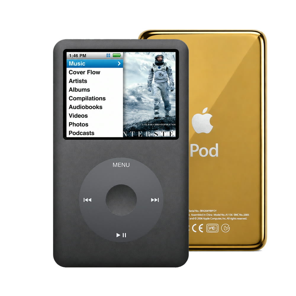 Dark Gray refurbished iPod Classic 7th Gen with Black click wheel and Gold back plate