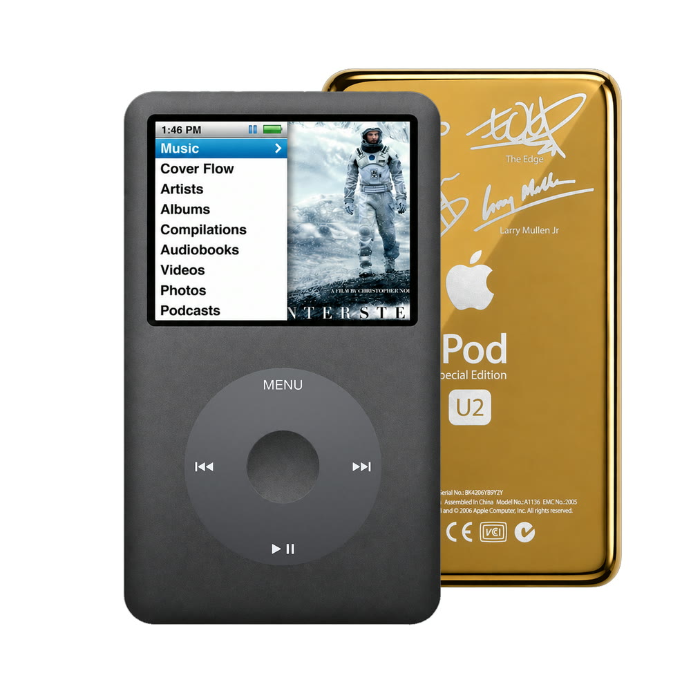 Dark Gray refurbished iPod Classic 7th Gen with Black click wheel and Gold U2 back plate