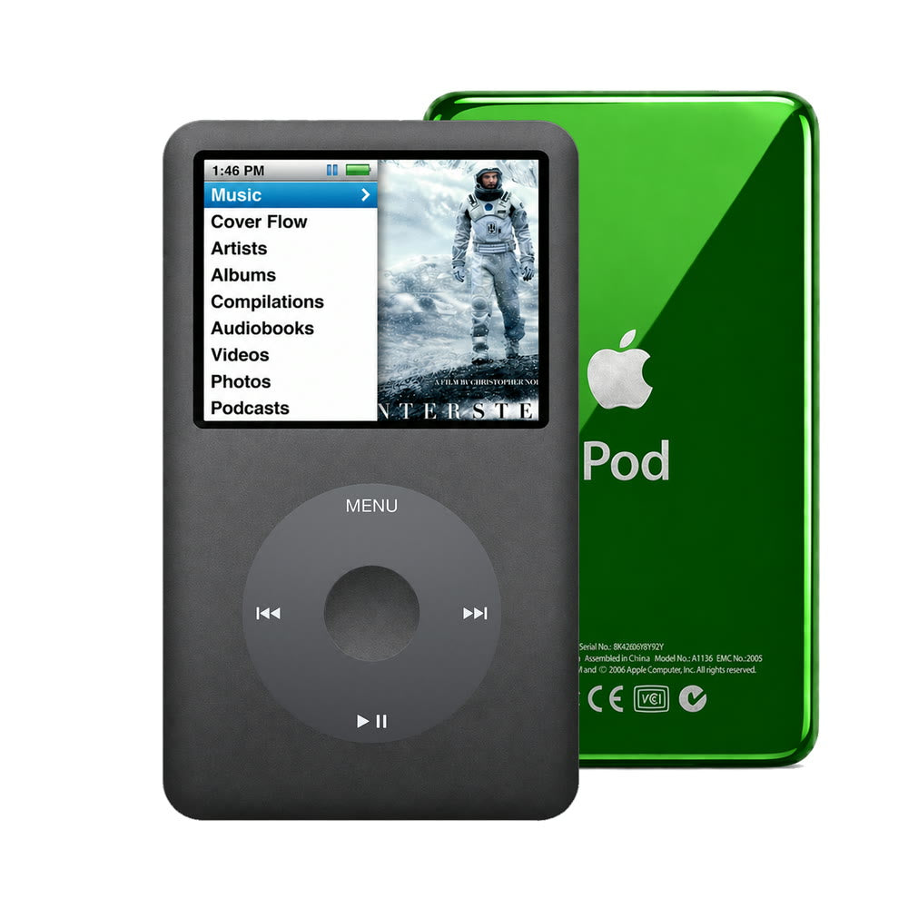 Dark Gray refurbished iPod Classic 7th Gen with Black click wheel and Green back plate