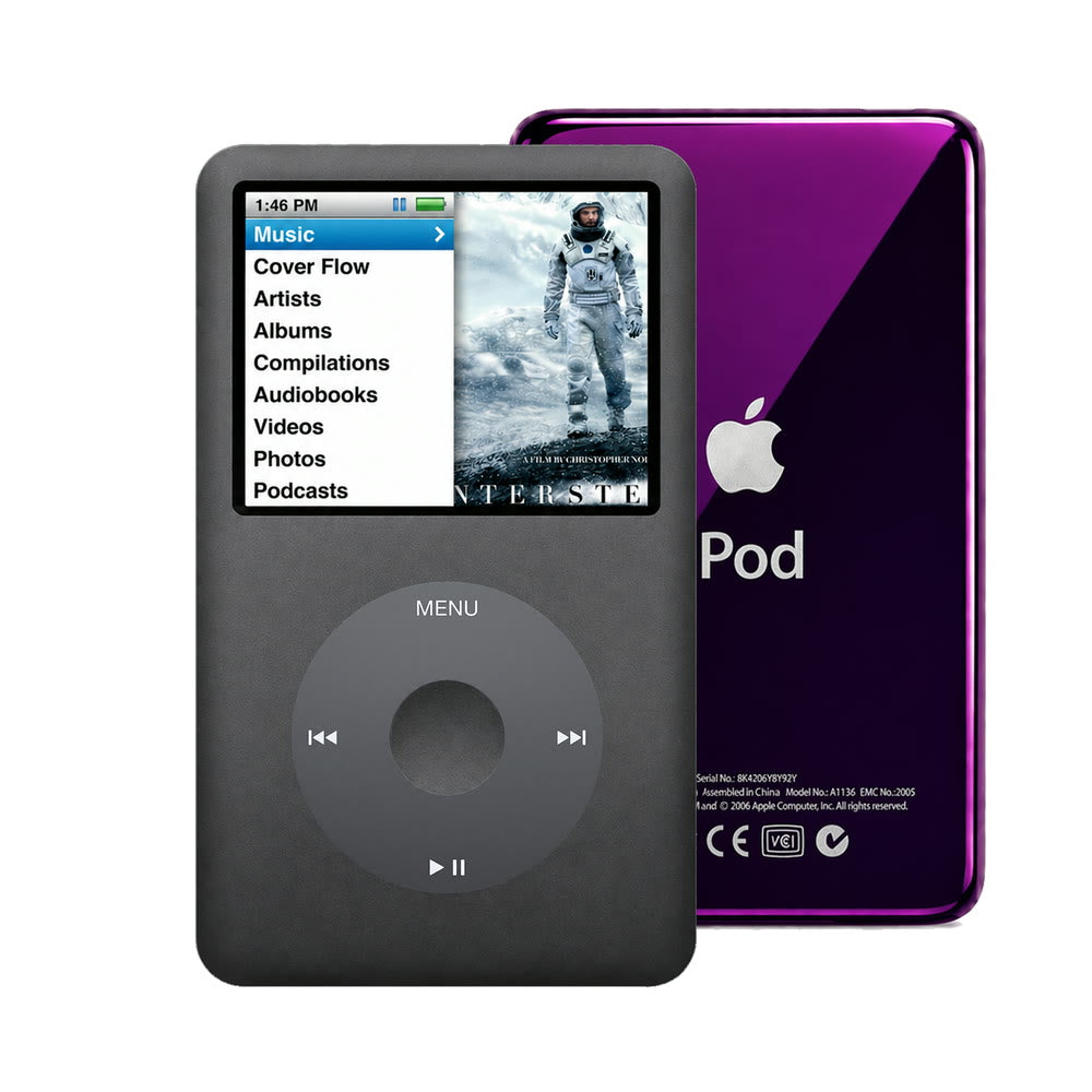 Dark Gray refurbished iPod Classic 7th Gen with Black click wheel and Purple back plate