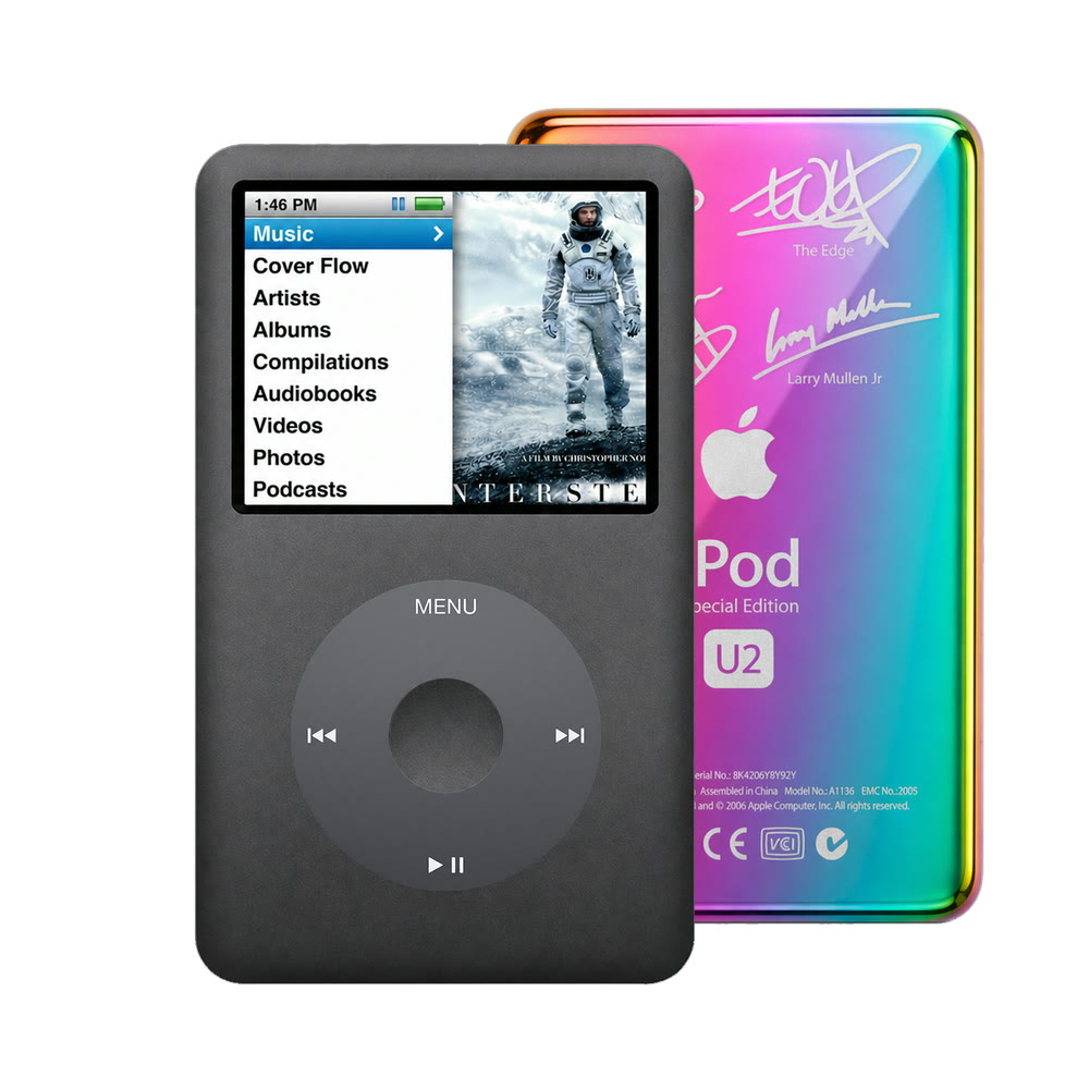 Dark Gray refurbished iPod Classic 7th Gen with Black click wheel and Rainbow U2 back plate