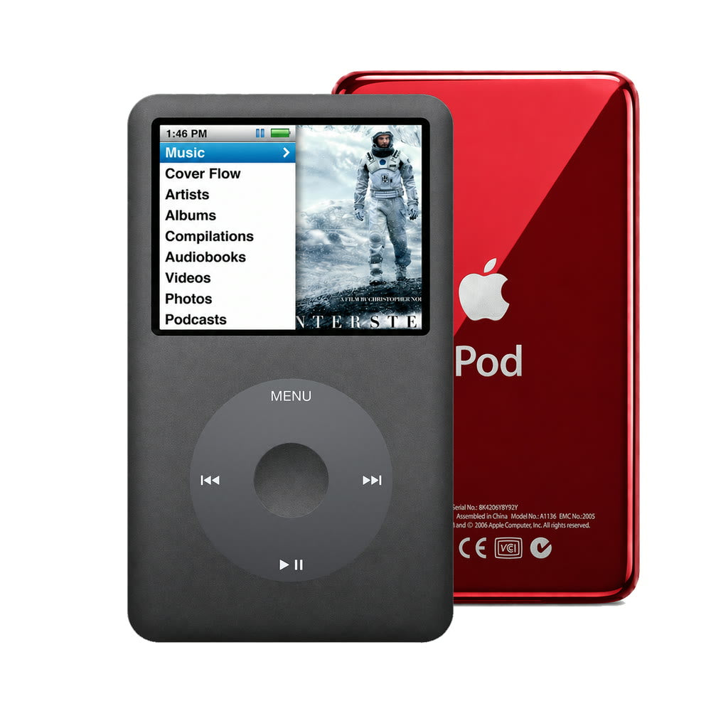 Dark Gray refurbished iPod Classic 7th Gen with Black click wheel and Red back plate