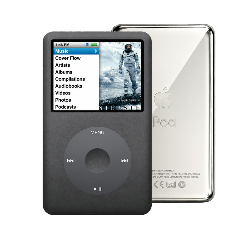 Dark Gray refurbished iPod Classic 7th Gen with Black click wheel and Silver back plate