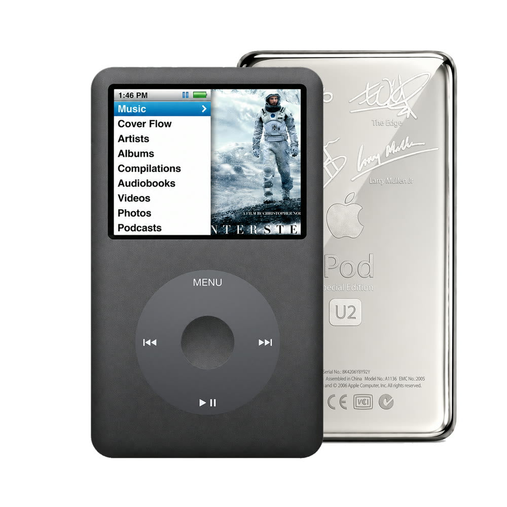 Dark Gray refurbished iPod Classic 7th Gen with Black click wheel and Silver U2 back plate