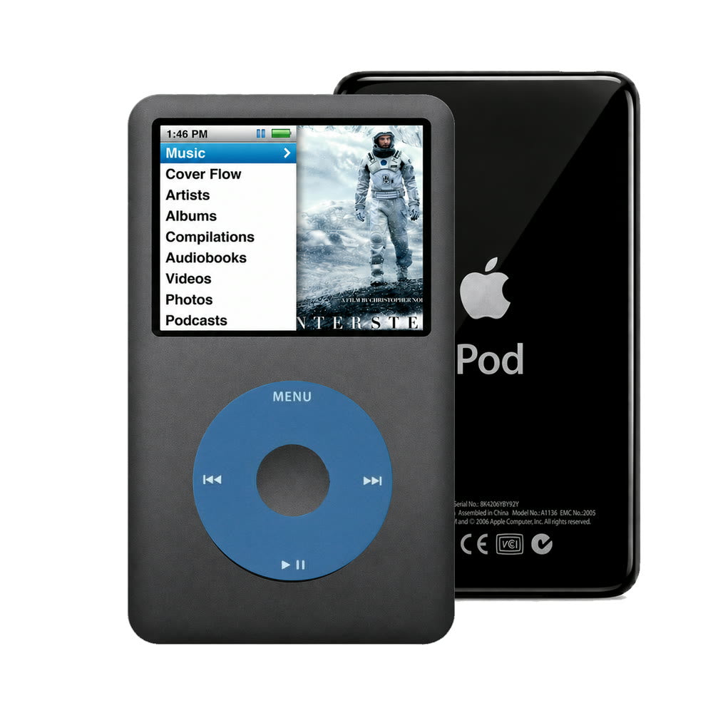Dark Gray refurbished iPod Classic 7th Gen with Blue click wheel and Black back plate
