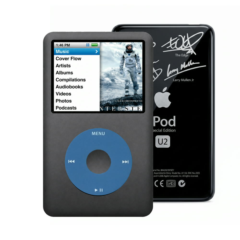 Dark Gray refurbished iPod Classic 7th Gen with Blue click wheel and Black U2 back plate