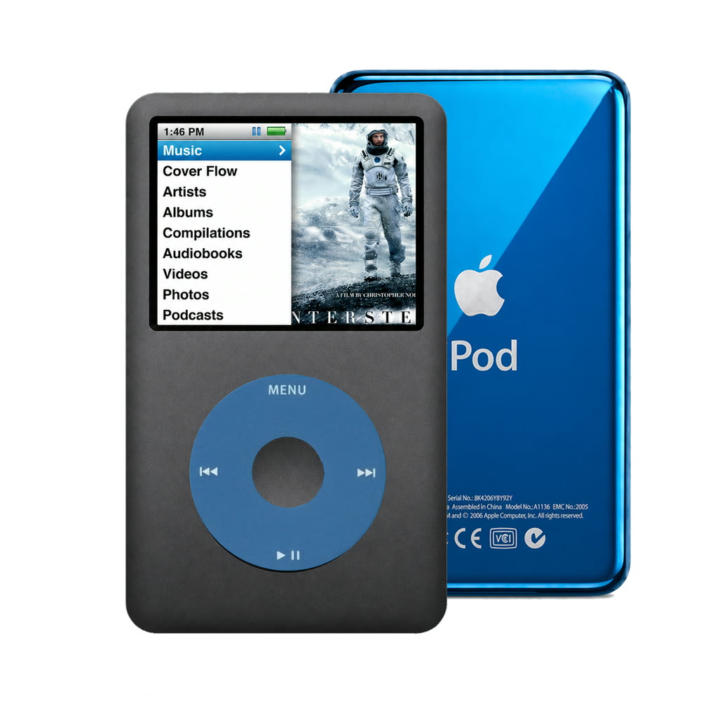 Dark Gray refurbished iPod Classic 7th Gen with Blue click wheel and Blue back plate