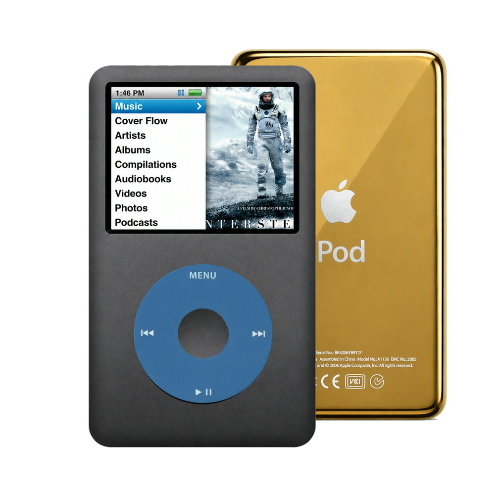 Dark Gray refurbished iPod Classic 7th Gen with Blue click wheel and Gold back plate