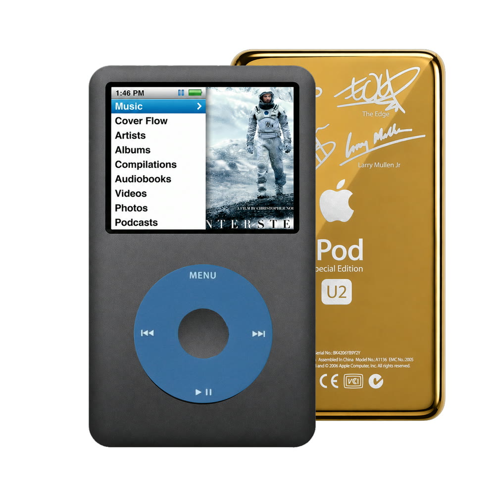 Dark Gray refurbished iPod Classic 7th Gen with Blue click wheel and Gold U2 back plate