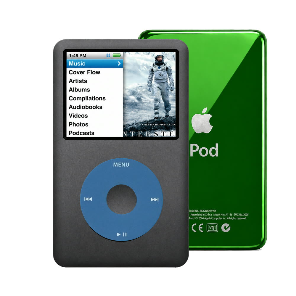 Dark Gray refurbished iPod Classic 7th Gen with Blue click wheel and Green back plate