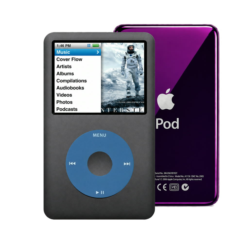 Dark Gray refurbished iPod Classic 7th Gen with Blue click wheel and Purple back plate