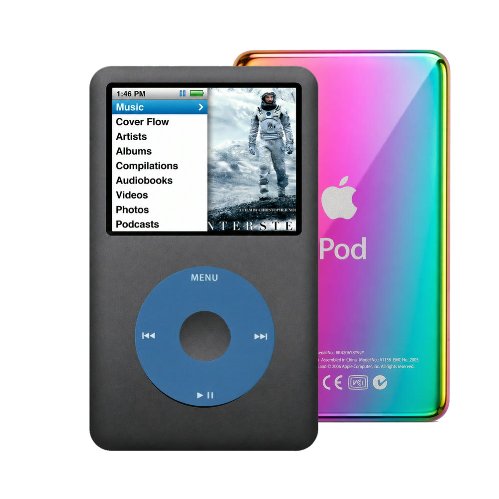 Dark Gray refurbished iPod Classic 7th Gen with Blue click wheel and Rainbow back plate
