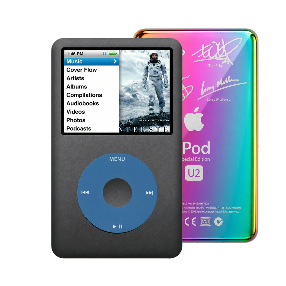 Dark Gray refurbished iPod Classic 7th Gen with Blue click wheel and Rainbow U2 back plate
