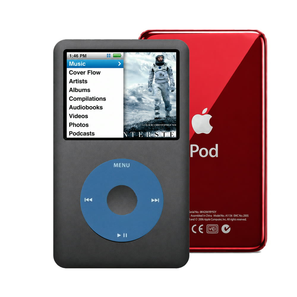 Dark Gray refurbished iPod Classic 7th Gen with Blue click wheel and Red back plate