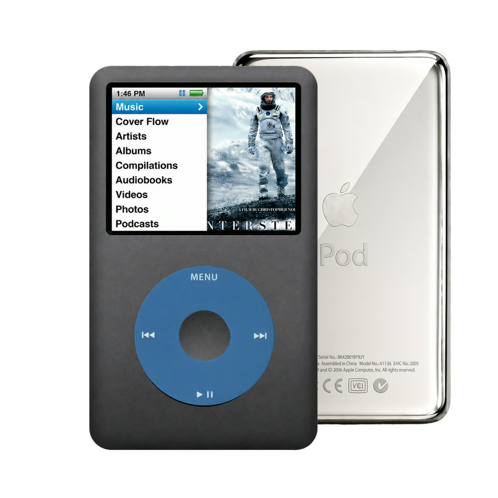 Dark Gray refurbished iPod Classic 7th Gen with Blue click wheel and Silver back plate