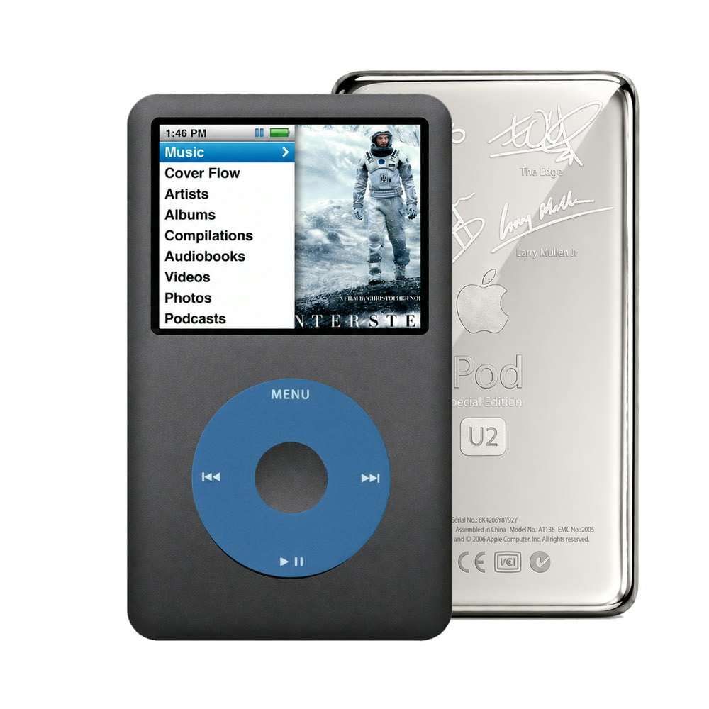 Dark Gray refurbished iPod Classic 7th Gen with Blue click wheel and Silver U2 back plate