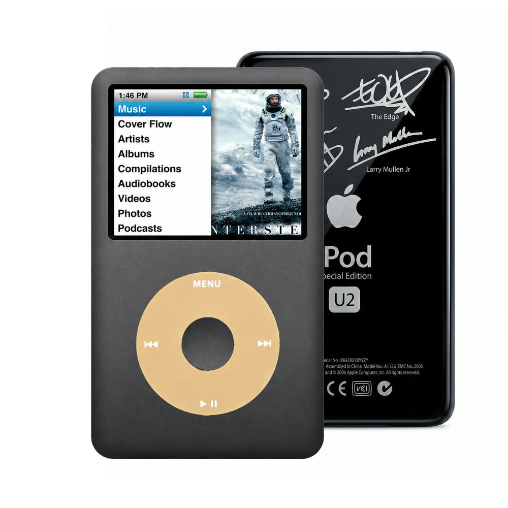 Dark Gray refurbished iPod Classic 7th Gen with Gold click wheel and Black U2 back plate