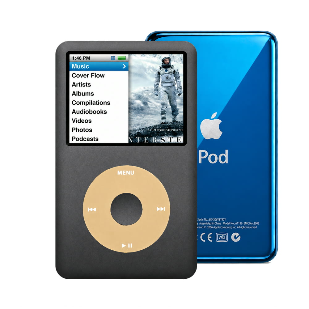 Dark Gray refurbished iPod Classic 7th Gen with Gold click wheel and Blue back plate
