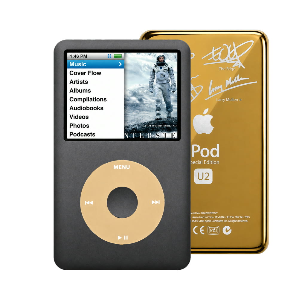 Dark Gray refurbished iPod Classic 7th Gen with Gold click wheel and Gold U2 back plate