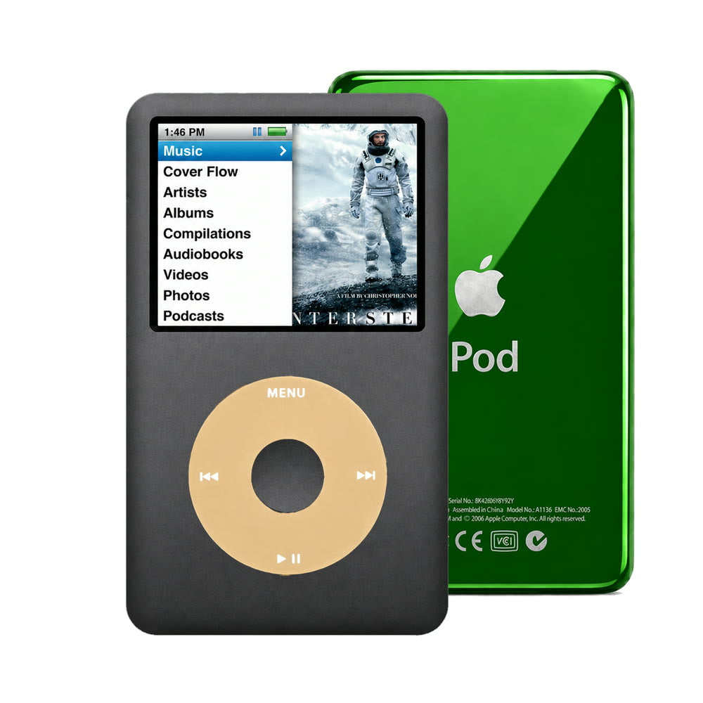 Dark Gray refurbished iPod Classic 7th Gen with Gold click wheel and Green back plate