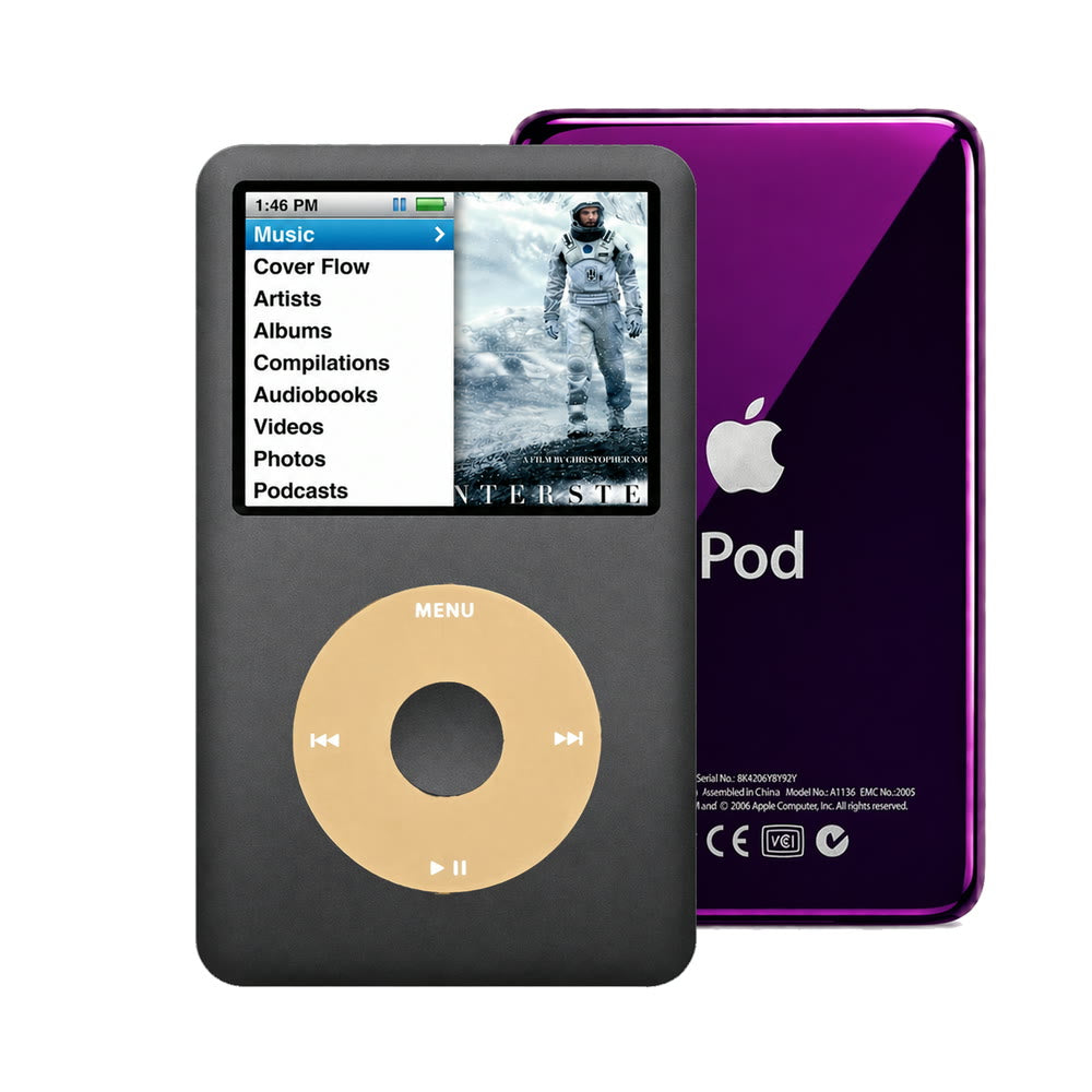 Dark Gray refurbished iPod Classic 7th Gen with Gold click wheel and Purple back plate