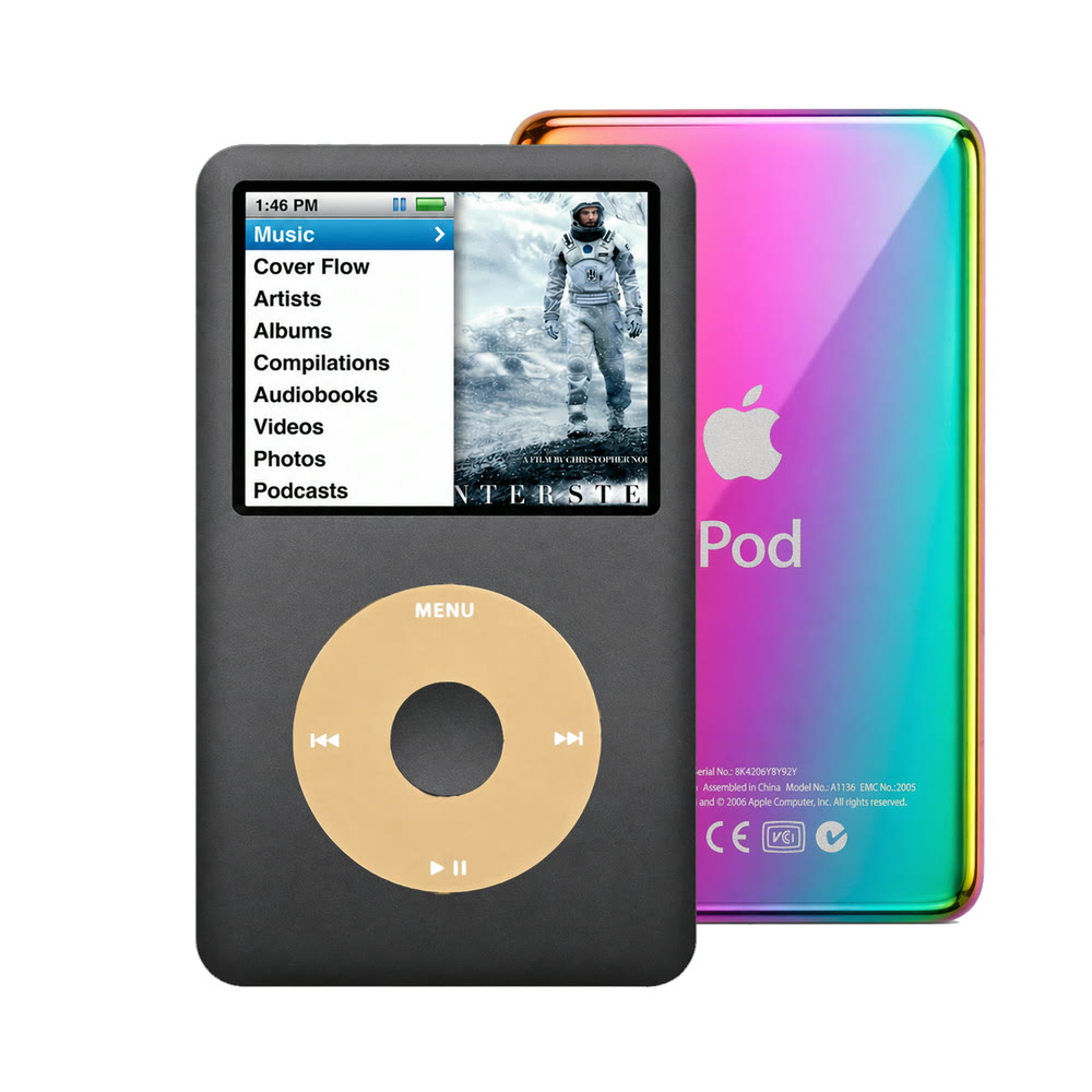 Dark Gray refurbished iPod Classic 7th Gen with Gold click wheel and Rainbow back plate