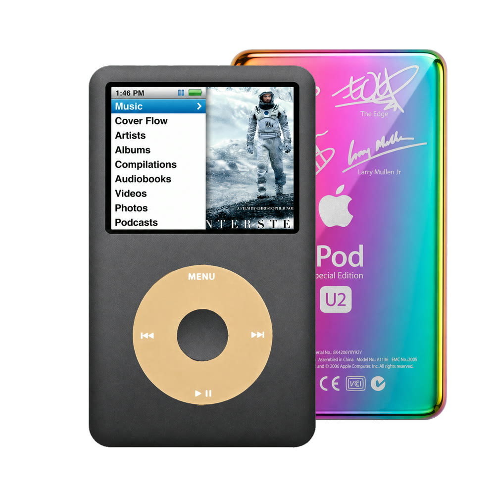 Dark Gray refurbished iPod Classic 7th Gen with Gold click wheel and Rainbow U2 back plate