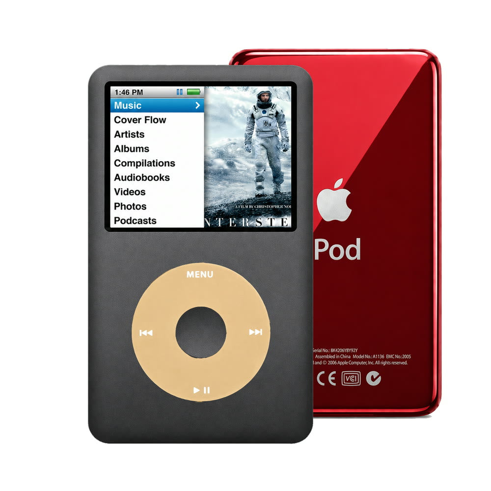 Dark Gray refurbished iPod Classic 7th Gen with Gold click wheel and Red back plate