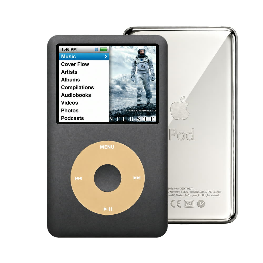 Dark Gray refurbished iPod Classic 7th Gen with Gold click wheel and Silver back plate