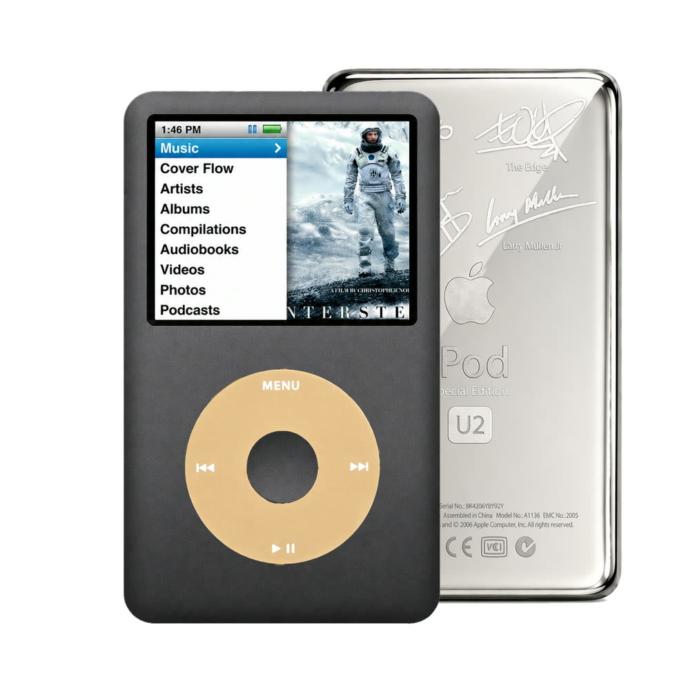 Dark Gray refurbished iPod Classic 7th Gen with Gold click wheel and Silver U2 back plate